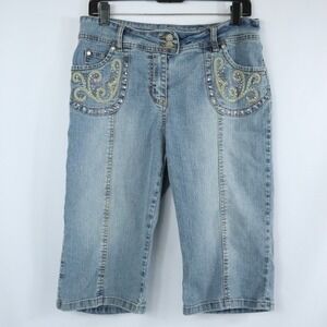 R.V.T Y2K Blue Denim Capris Embroidered Rhinestone Y2K Juniors Size 11